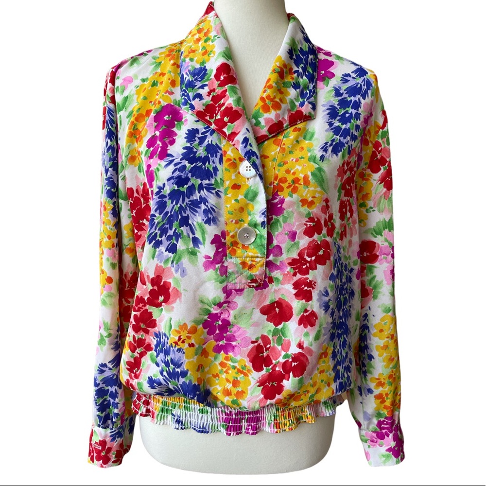 VINTAGE TOP 10P PETITE FLORAL LONG SLEEVE FLAGG PETITES 1970s PINK YELLOW BLUE